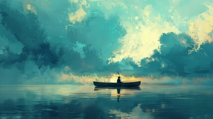 Artwork portraying a solitary figure on a canoe drifting in the open sea, representing the concept of solitude and self-discovery amidst nature's vastness. - obrazy, fototapety, plakaty