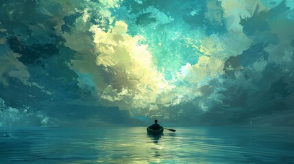 Conceptual artwork depicting a lone adventurer in a canoe, lost in the vastness of the ocean, symbolizing the journey of solitude and introspection. - obrazy, fototapety, plakaty