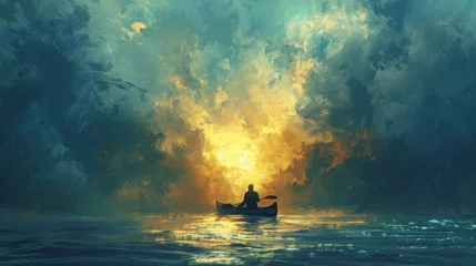 Foto op Canvas Artwork portraying a solitary figure on a canoe drifting in the open sea, representing the concept of solitude and self-discovery amidst nature's vastness. © taelefoto