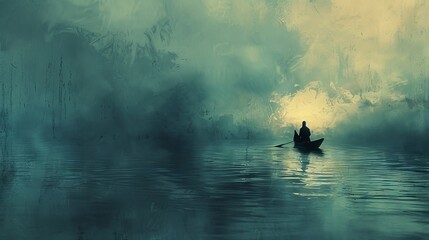 Artistic representation of a solitary traveler adrift on a canoe in the open sea, conveying the theme of solitude and introspection. - obrazy, fototapety, plakaty