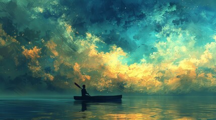 Artistic representation of a solitary traveler adrift on a canoe in the open sea, conveying the theme of solitude and introspection.