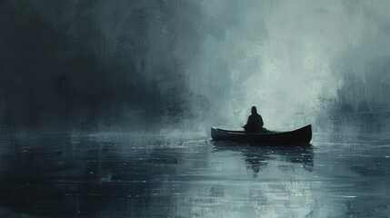Artistic interpretation of solitude, with a lone figure on a canoe navigating the open sea, surrounded by silence and tranquility.