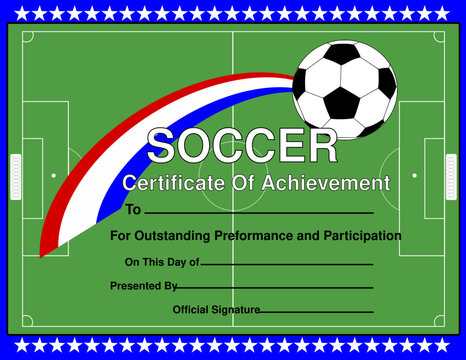 Certificate of achievement in soccer. Soccer, Football player diploma vector template with ball and playing field. Sports team award diploma for participation in soccer tournament.