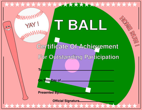 Certificate of achievement in children’s T-Ball, player diploma vector template with baseball bat and baseball field. Sports team award diploma for participation. Replaceable text, Pink color.