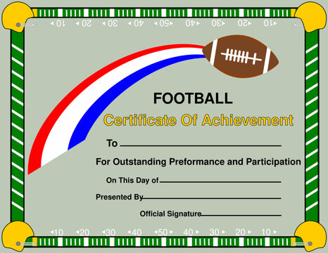 Certificate of achievement in American Football. Football player diploma vector template with ball and playing field. Sports team award diploma for participation in Football tournament. Red, White and