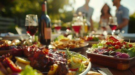 Close-up on a table bursting with BBQ, salads, and wine, the air filled with laughter, showcasing true friendship in 4k - obrazy, fototapety, plakaty