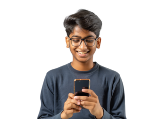 Young South Asian Male Smiling at Phone
