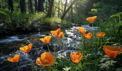 Serene stream with vibrant orange poppies in a lush forest