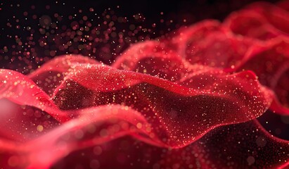 Abstract glowing red particle waves on dark background - Powered by Adobe