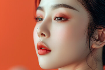 Pretty woman of Asian appearance makeup luxury charm monocolor background