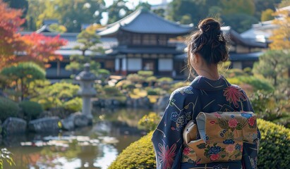 Fototapeta premium Tranquil Japanese garden experience with kimono-clad woman