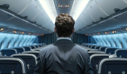 Man in business suit sitting alone in airplane cabin - obrazy, fototapety, plakaty