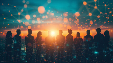 Business global network connection telecommunication technology concept, Futuristic silhouette business people group working on communication technology with internet link graphic background. - obrazy, fototapety, plakaty