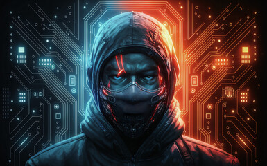 Hacker masked embedded in computer CPU Central core printed circuit board metaphor - obrazy, fototapety, plakaty