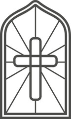 Church stained window with religious Easter symbol. Christian mosaic glass arch with cross dove cup and egg