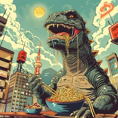 Giant Kaiju Monsters Savoring Delectable Ramen Noodle Dishes from Around the World in a Whimsical Cityscape