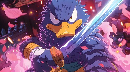 Heroic Duck Wielding Legendary Sword on Epic Quest in Vibrant Anime World