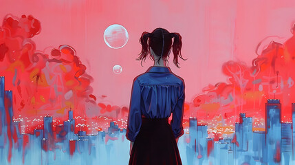 Back view of an anime girl with twin ponytails standing against a backdrop of a red dystopian cityscape with floating orbs - obrazy, fototapety, plakaty