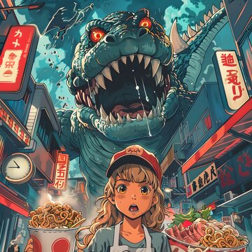 Kaiju Crashes Beloved Anime Inspired Ramen Festival in Neon Lit Urban Cityscape
