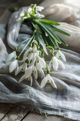 Top view of spring snowdrops on beige fabric with copy space. Flat lay banner with first white flowers. The Day of Snowdrop concept. Floral background of fresh nature for wedding, greeting card, ads