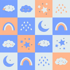 Childish seamless pattern with cute clouds. Elements for sleeping in patchwork style.