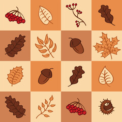 Autumn seamless pattern in patchwork style. Collection of sketch hand drawn leaf, acorn, rowan, oak, maple.