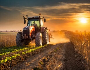 tractor driving an agricultural crop at sunset 