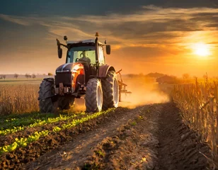 Foto op Canvas tractor driving an agricultural crop at sunset  © stéphane huvé
