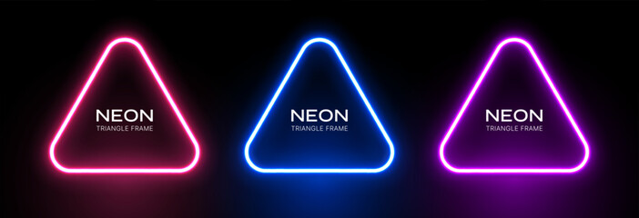 Neon light triangle. Abstract shape glow. Laser frame on a black background. Geometric led effect. Set of vector fluorescent banners. - obrazy, fototapety, plakaty