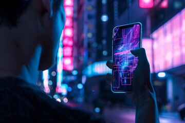 App view beside a shoulder of a man holding an smartphone with an entirely neon screen