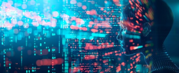 Obraz premium Digital human head made of glowing digital data, cyber technology background with bokeh lights and space for text or design. Concept of artificial intelligence and big machine learning futuristic 