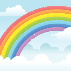 Fototapeta na wymiar Colorful flat design rainbow in clouds