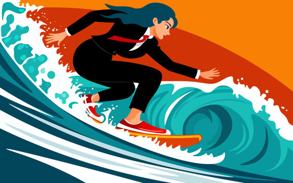 Woman conquers the wave. flat vector