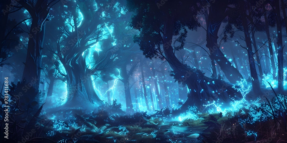 Wall mural Mystical Enchanted Forest Scene with Glowing Neon Elements Hinting at Hidden Magical Creatures