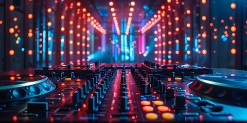 Neon Lit DJ Booth Pulsating with Energetic Beats and Vibrant Lighting at a Captivating Live Music...