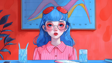 Colorful anime illustration of a blue-haired girl wearing pink sunglasses, sitting in a vibrant cafe setting