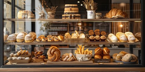 Obraz premium A Tempting Bakery Display Showcasing an Array of Freshly Baked Goods and Sweet Delights to Entice Passersby