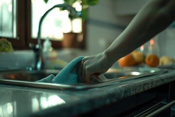 A hand scrubbing a stainless steel sink using a blue cloth with soapy water in a kitchen. Hand Cleaning Stainless Steel Sink with Blue Cloth