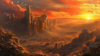 Ancient Ruins in Desert Glow./n