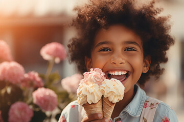 Happy little African girl with curly hair eats ice cream in a waffle cone against the backdrop of a...