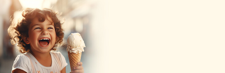 Happy little girl eating ice cream in a waffle cone against the backdrop of a sunny city street, cafe in summer.Banner. Copy space for text. Mockup - Powered by Adobe