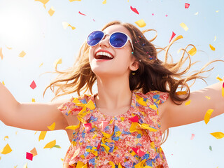 Mujer joven alegre con gafas de sol levantando los brazos rodeada de confeti bajo la luz del sol. Vista de frente y de cerca. AI Generativa