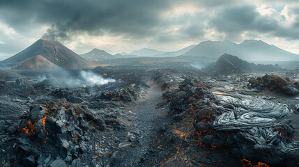 Île volcanique recouverte de lave fumante, volcan en éruption au loin, Lanzarote - obrazy, fototapety, plakaty