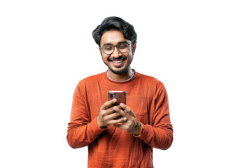 South Asian Man Smiling Using Smartphone
