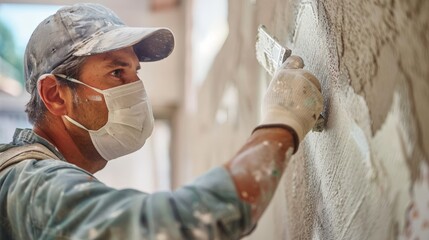 A close-up of a worker's face, painting a wall. The worker is wearing a mask and is focused on the work.