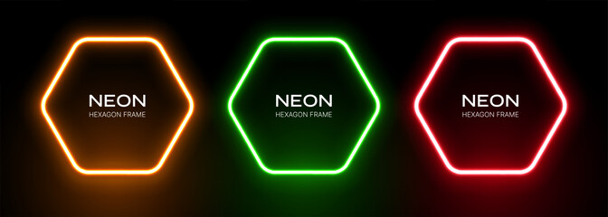 Hexagon neon light. Frame with glow effect on a black background. Red, orange and green laser shape. Vector set of gradient fluorescent banners.