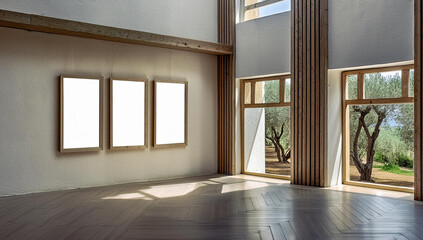 Obraz premium large room in a luxurious loft. interesting wall design with plants, picture frames, atmospheric light, for presentations, product design and art 