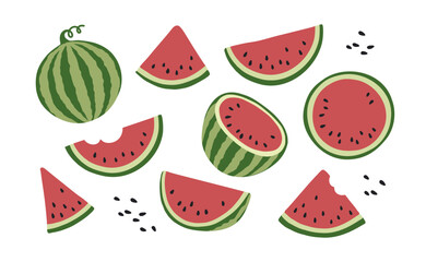 Set of watermelon simple vector flat illustration. Ripe fruit pieces and slices, whole tasty watermelon. Fresh natural and organic food. Isolated on background.