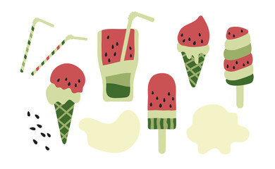 Set of watermelon ice cream and cocktail simple vector flat illustration. Fresh natural juice, summer organic food. Isolated on background.