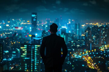 Fototapeta na wymiar A contemplative businessman views a glittering cityscape at night